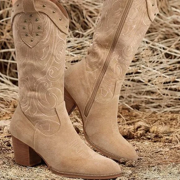 Wide Calf Western Pointed Toe Chunky Heel Boots